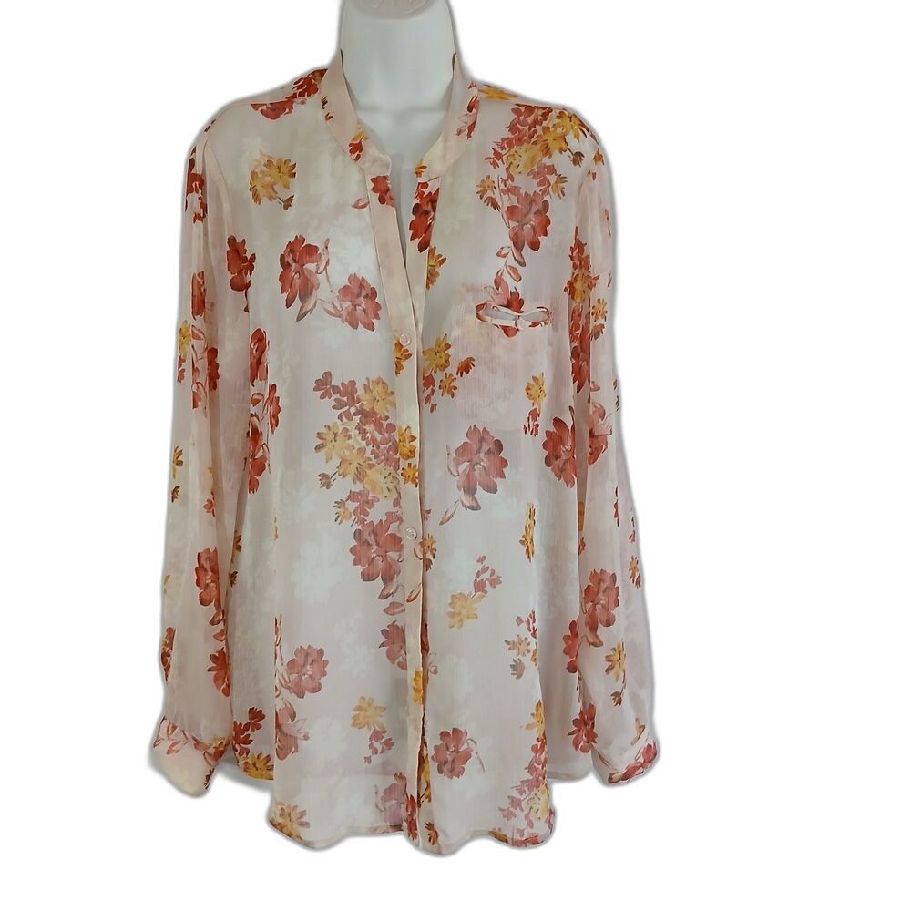 kut from the kloth tops Sheer Beige Floral Button Up Sz XL  Casual Office Travel